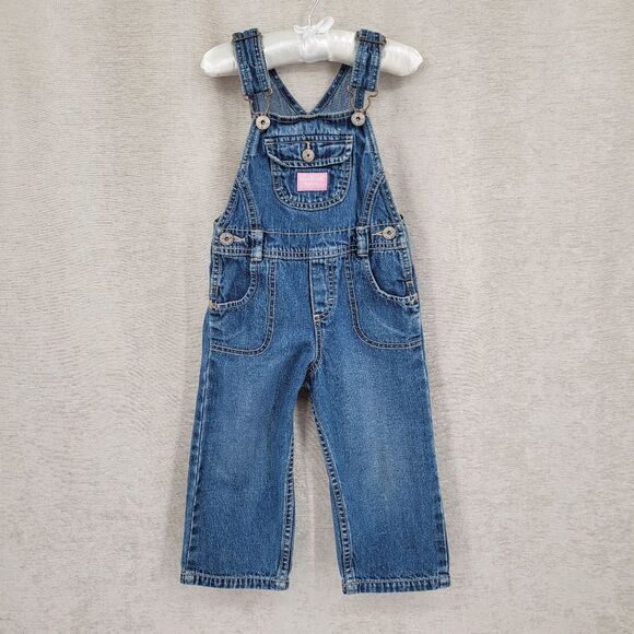 Oshkosh Vestbak Denim Blue Jean Kids Overalls Girls Pink Accents Size 2T - Picture 1 of 15